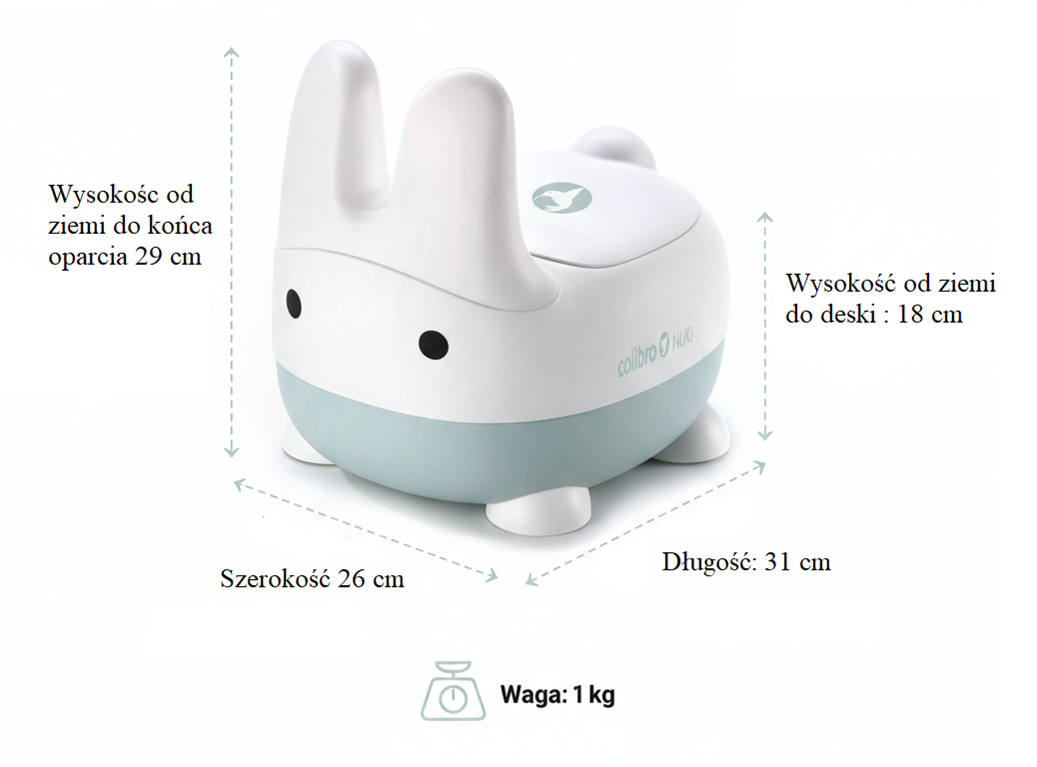 Infografika pokazująca wymiary nocnika NUKI Cloud w kształcie króliczka marki Colibro – wysokość, szerokość i długość.