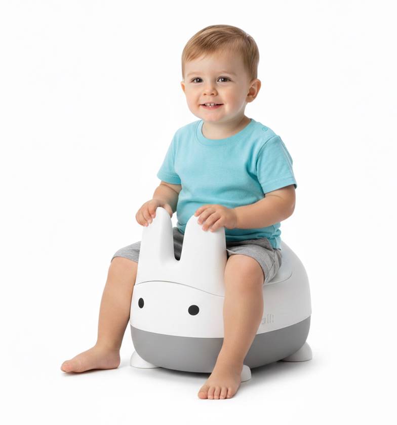 Chłopiec siedzi na nocniku NUKI Ocean i trzyma uszka króliczka.