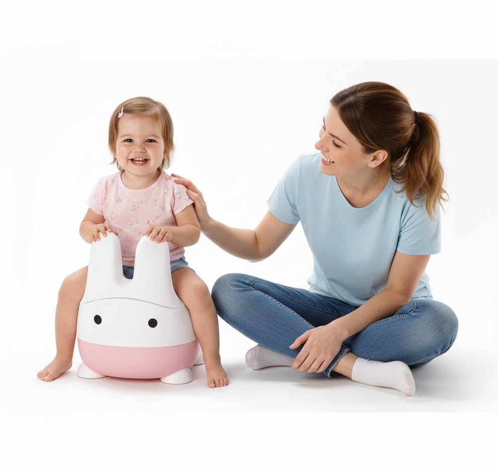 NUKI Rose dla dziewczynki – różowy króliczek towarzyszący dziecku podczas nauki samodzielności przy wsparciu mamy.
