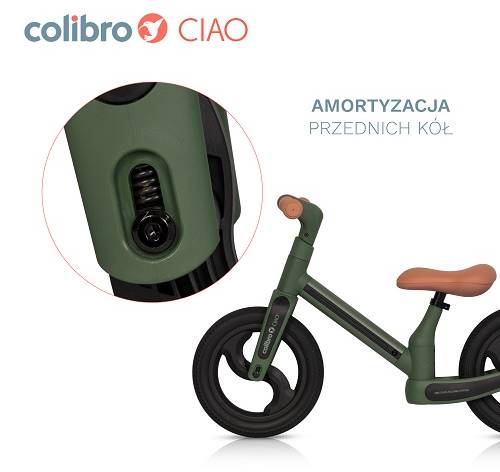 Rowerek biegowy Colibro CIAO Forest Green z amortyzatorami przednich kół