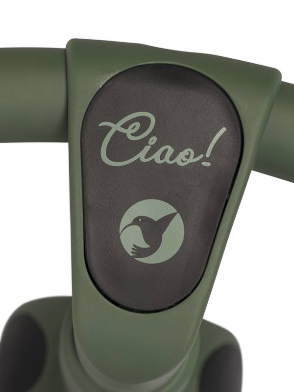 Zbliżenie na kierownicę w rowerku Colibro Ciao i logo firmy