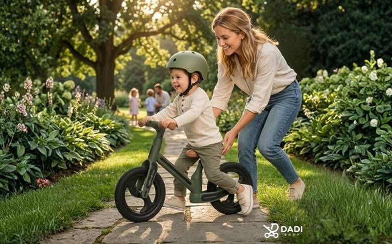Mama pomagająca dziecku w nauce jazdy na rowerku biegowym Colibro CIAO Forest Green