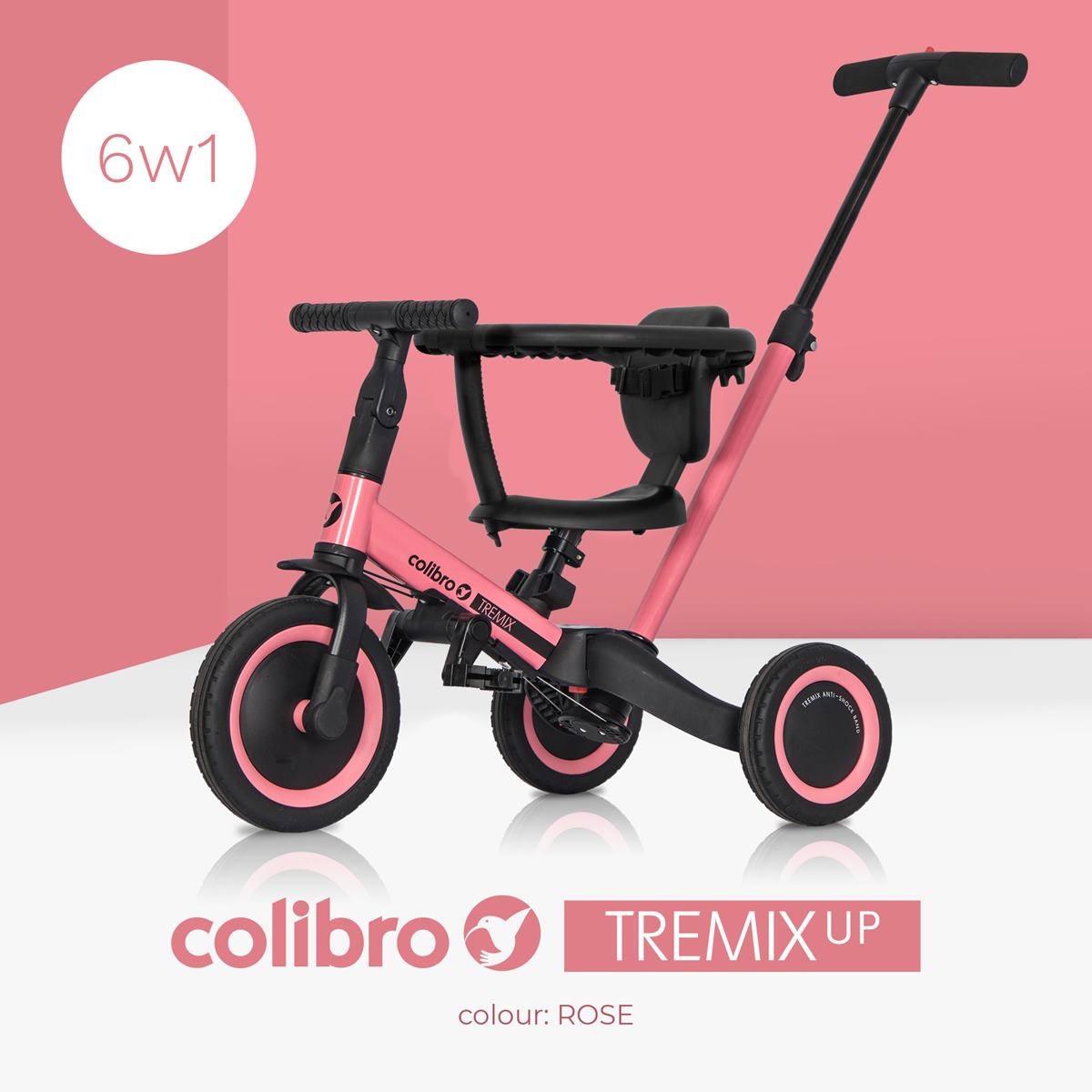 Oficjalna grafika prezentująca modułowy rowerek dziecięcy 6w1 Colibro Tremix UP w kolorze Rose