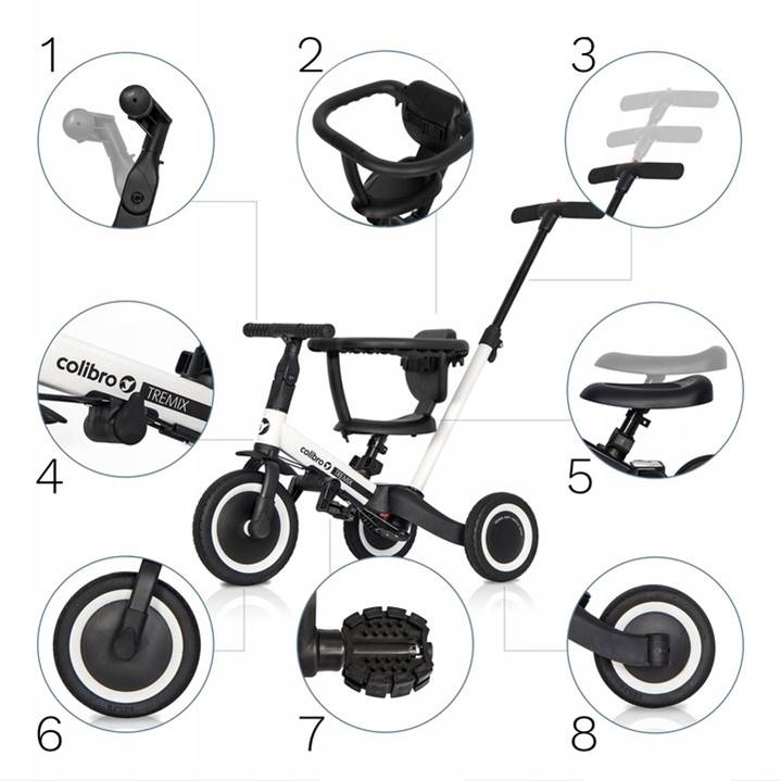 rowerek Colibro Tremix UP 6w1 – infografika z opisem 8 kluczowych elementów i regulacji