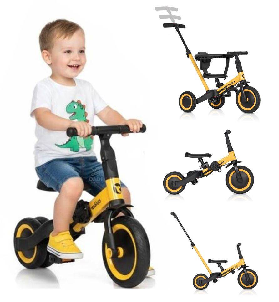 Chłopiec na rowerku biegowym Colibro Tremix UP 6w1, obok pokazane inne tryby modułowe z pchaczem