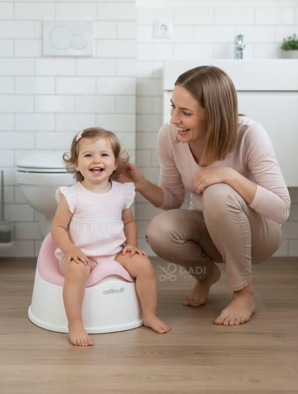 nocnik dla dziewczynki Colibro Solo Rose różowy w łazience – dziewczynka siedzi wygodnie obok mama lifestyle