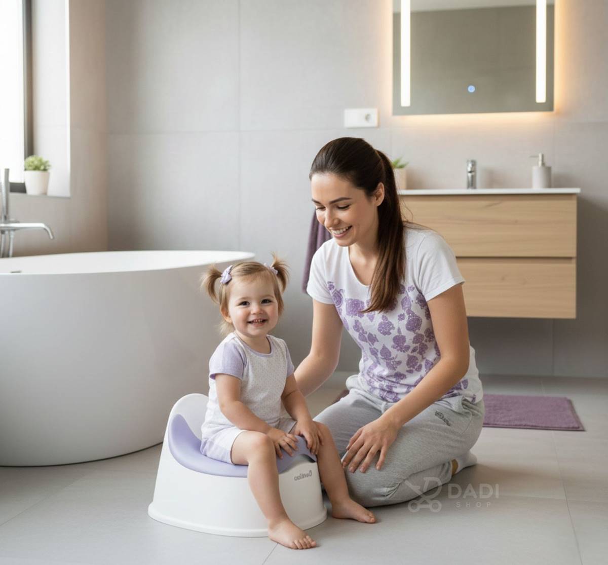 mama pomaga dziewczynce przy nocniku Colibro Solo Lila fioletowym – scena w łazience lifestyle