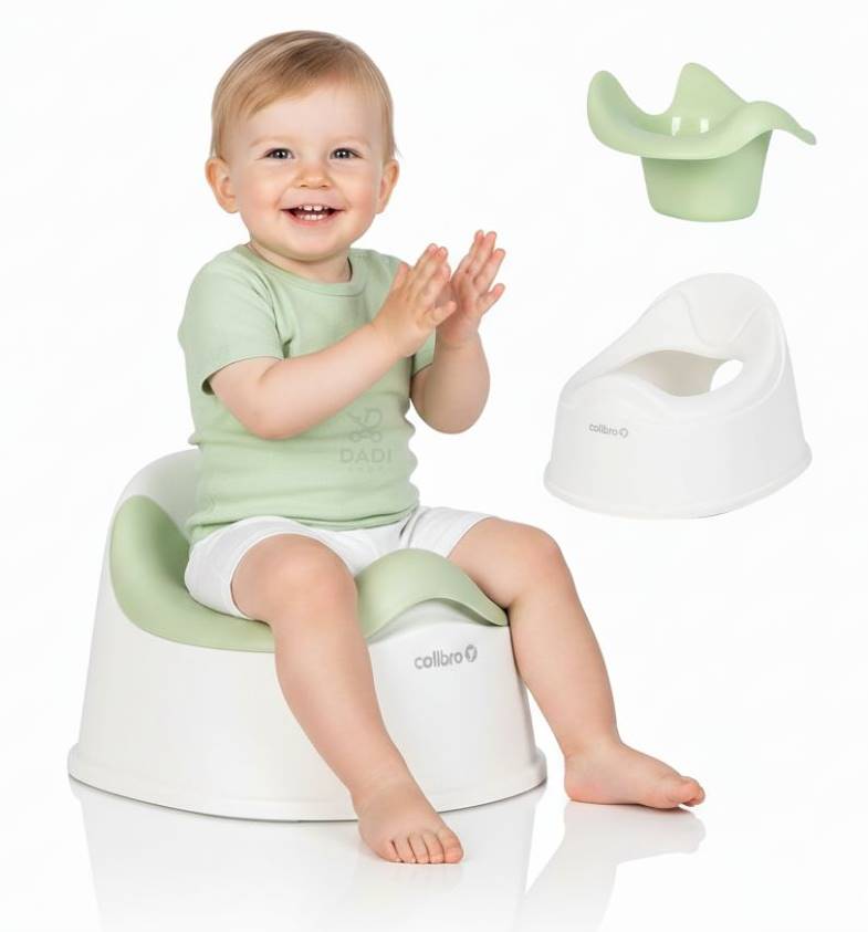 Chłopiec siedzi zadowolony na nocniku Colibro Solo Cool, uśmiecha się i klaszcze w ręce – pierwszy nocnik dla dzieci.