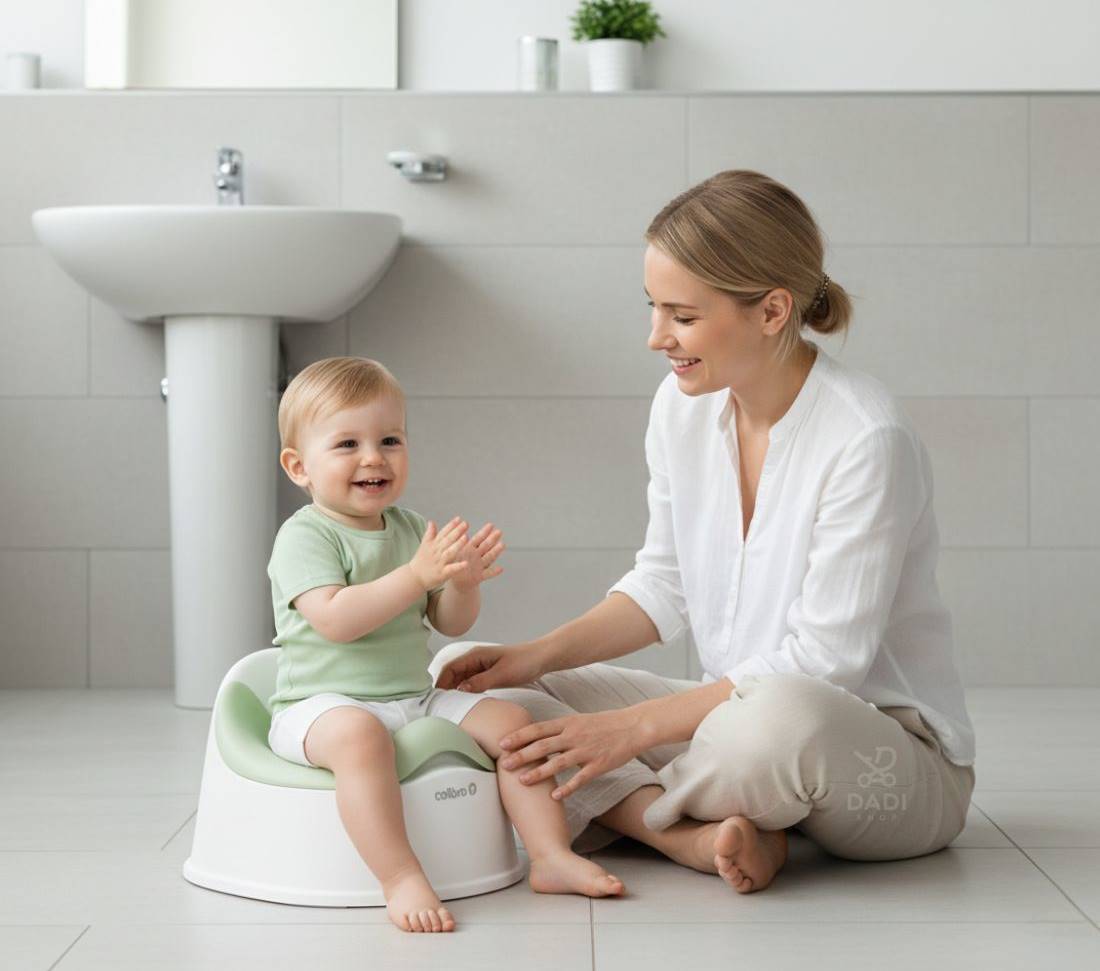 Mama pomaga dziecku przy nocniku Colibro Solo Cool w łazience.