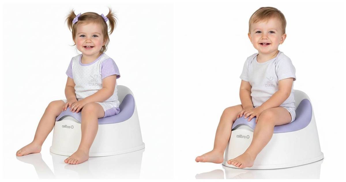Dziewczynka i chłopiec siedzą radośnie na nocniku Colibro Solo – ergonomiczny, stabilny, z oparciem.