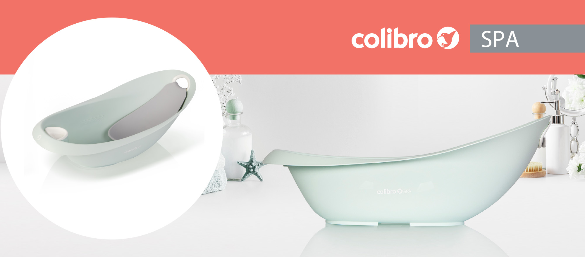 Baner produktowy wanienki Colibro Spa z leżaczkiem. Miętowy design, akcesoria łazienkowe i logo marki w tle.