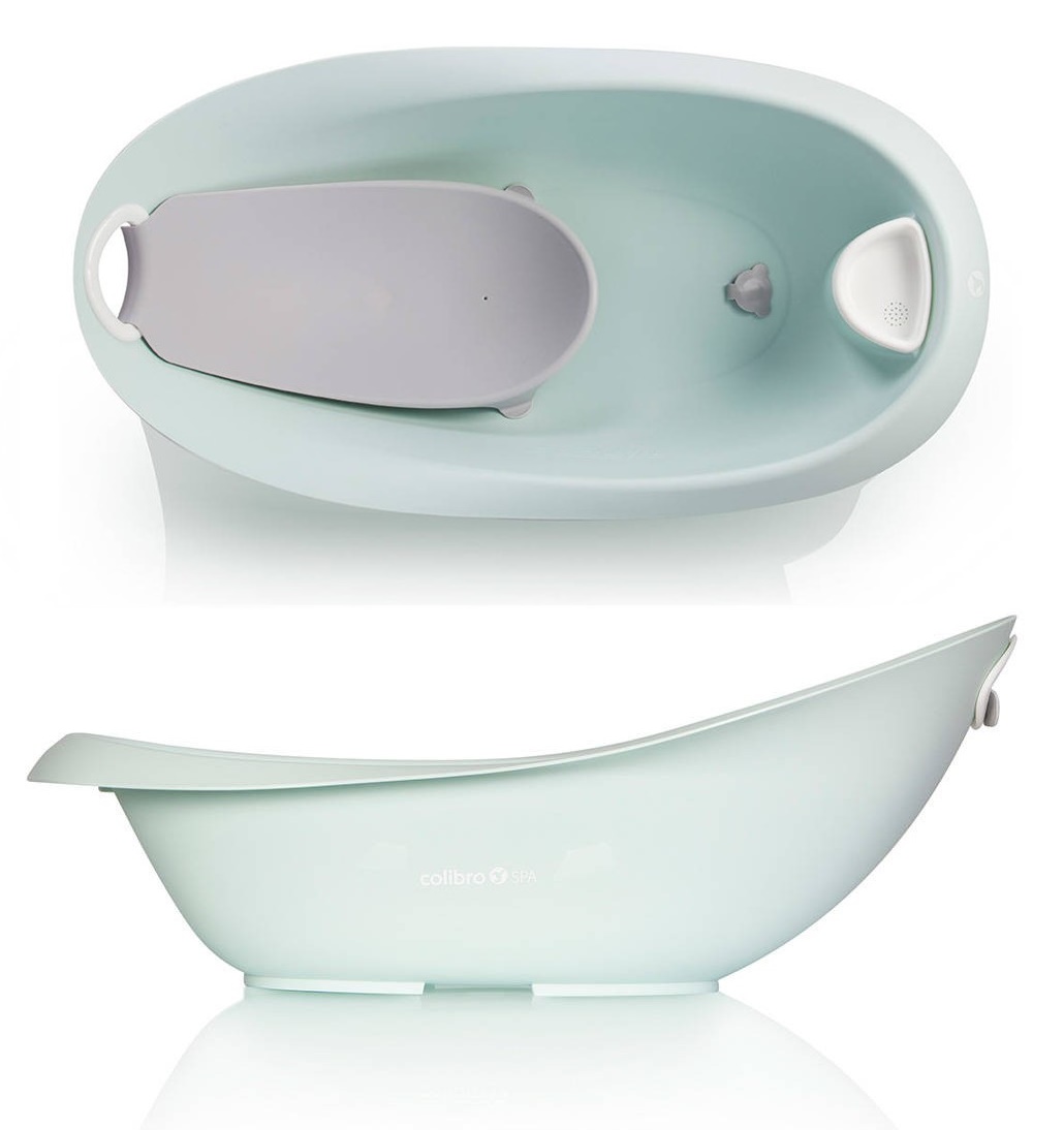 Miętowa wanienka Colibro Spa z wyjmowanym leżaczkiem dla niemowląt. Widok z góry oraz z boku na białe dno.