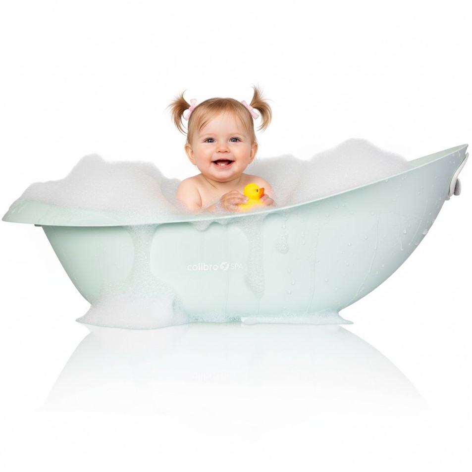 Radosne dziecko bawiące się żółtą gumową kaczuszką w miętowej wanience Colibro Spa z pianą kąpielową.