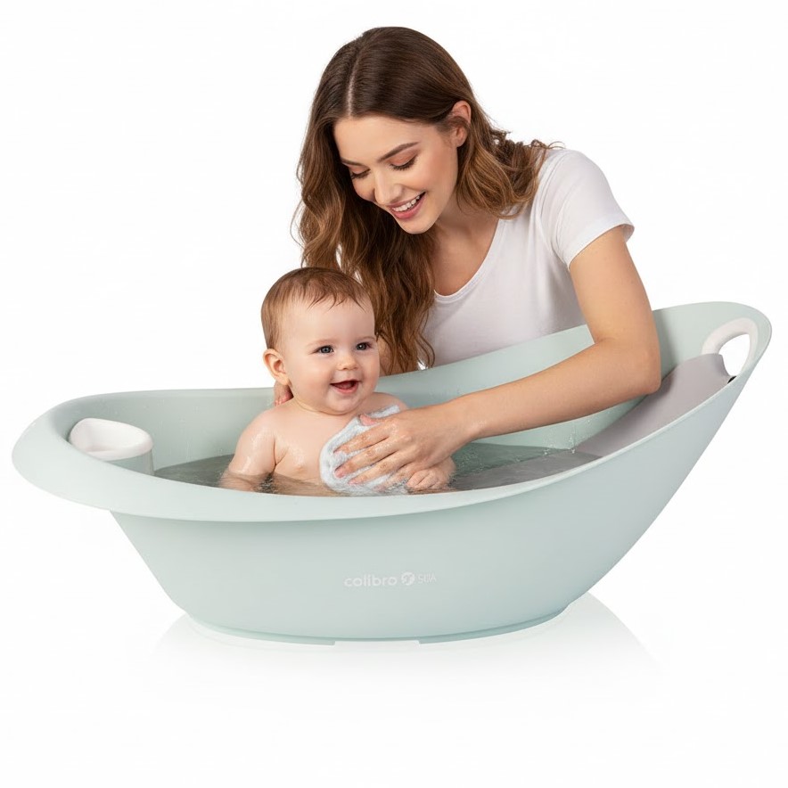 Mama myje uśmiechnięte niemowlę w miętowej wanience Colibro Spa z wkładką kąpielową na białym tle.