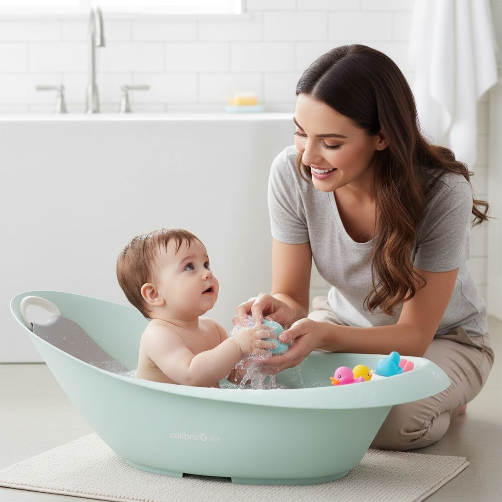 Mama kąpiąca niemowlę w miętowej wanience Colibro Spa postawionej na podłodze. W łazience.