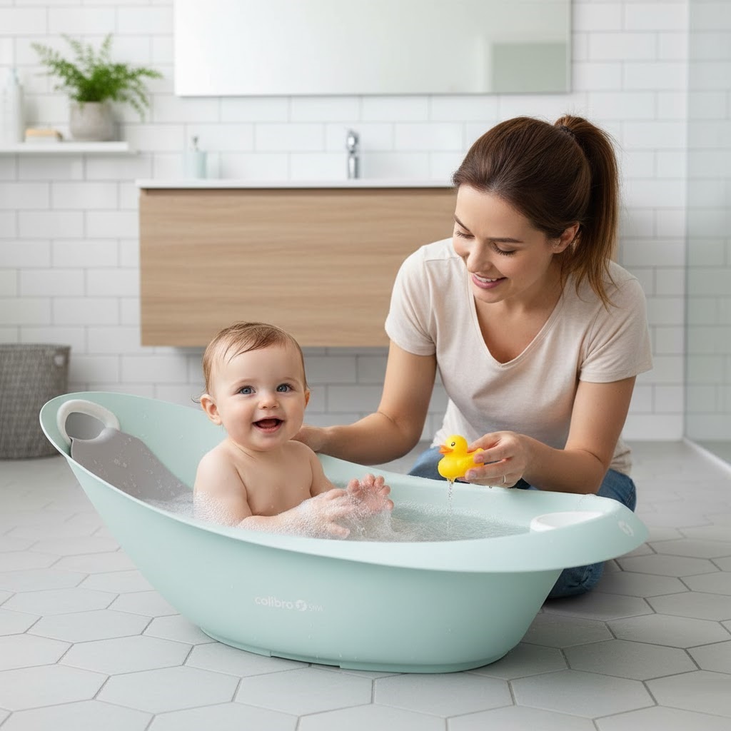 Mama bawi się z dzieckiem gumową kaczuszką w wanience Colibro Spa.