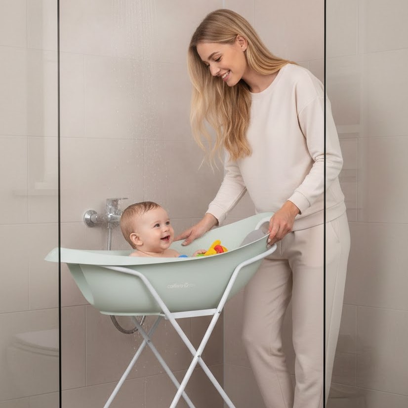 Uśmiechnięta mama kąpiąca niemowlę w miętowej wanience Colibro Spa na stojaku. Komfortowa i bezpieczna kąpiel dziecka.