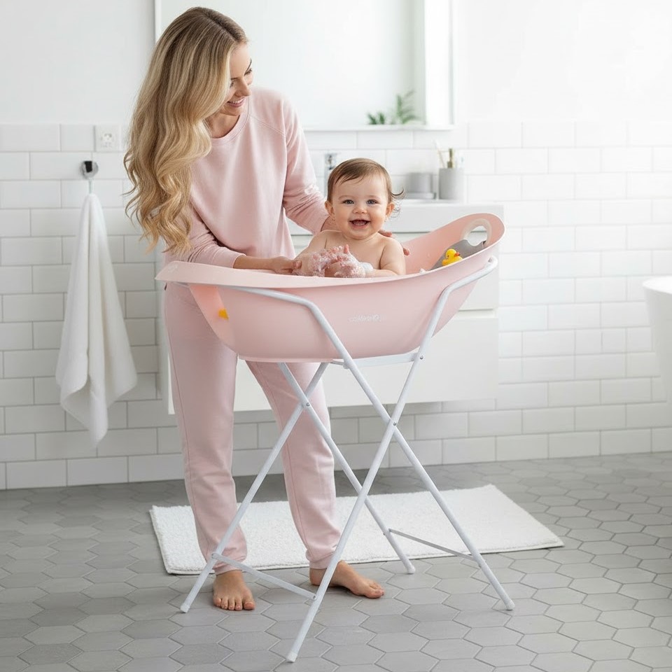 Kobieta kąpiąca uśmiechnięte niemowlę w różowej wanience Colibro Spa na stelażu w nowoczesnej łazience.