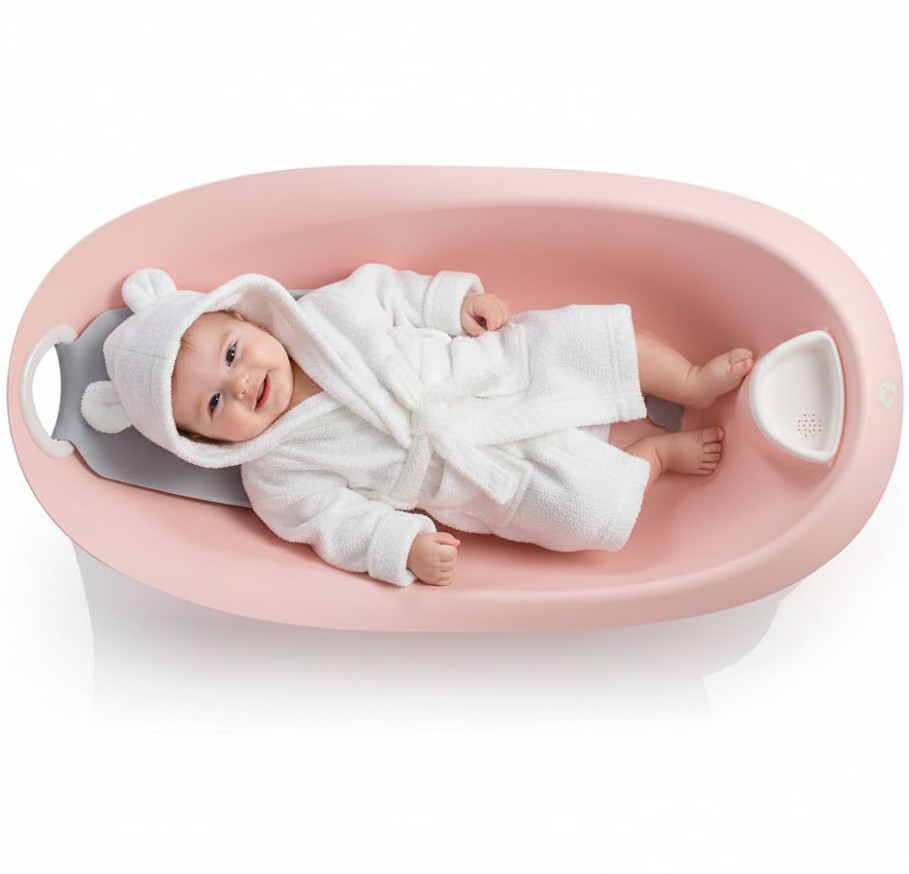 Różowa wanienka Colibro Spa 2w1 z niemowlęciem w białym szlafroku z kapturem w kształcie uszu misia.