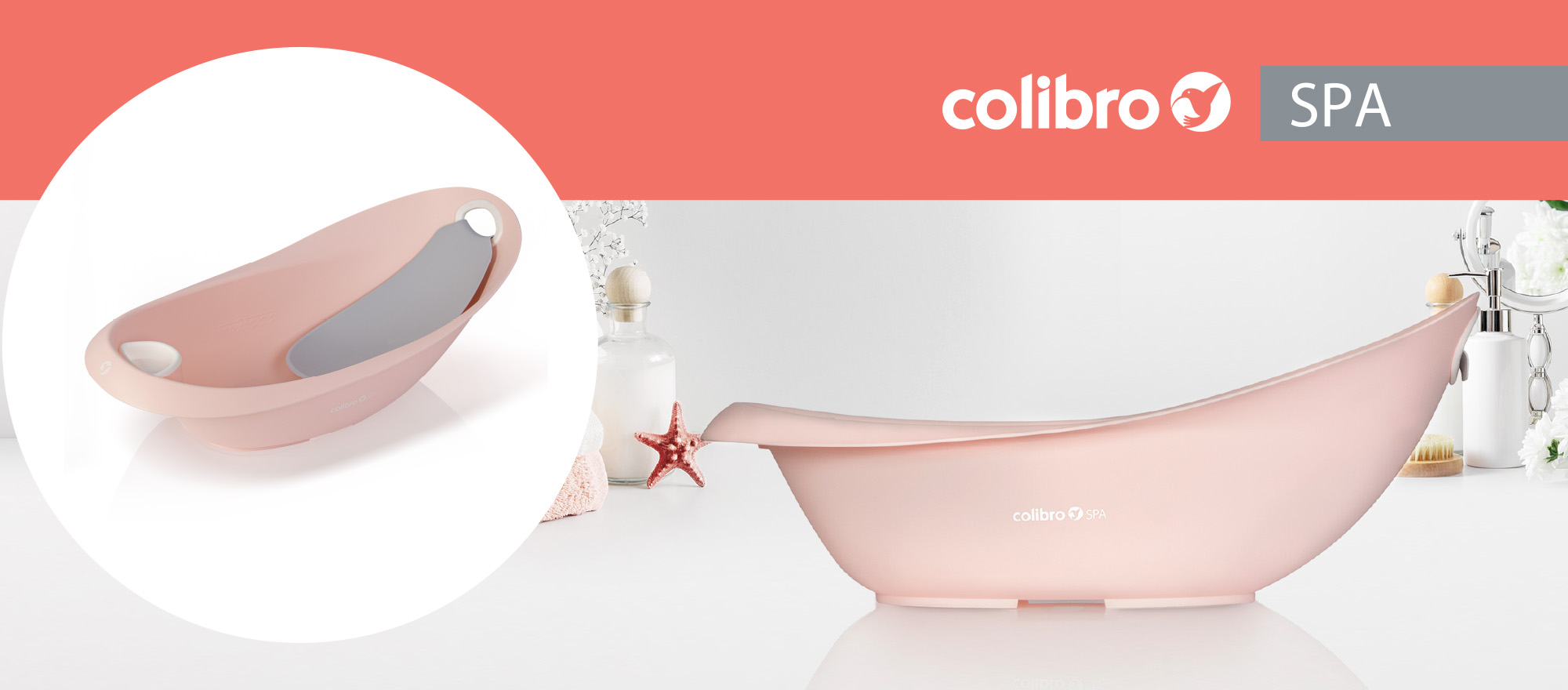 Grafika reklamowa prezentująca wanienkę Colibro Spa w okrągłej ramce na tle łazienkowym.