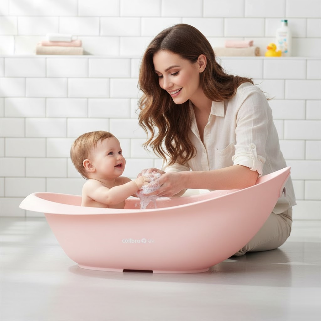 Kobieta kąpiąca niemowlę w różowej wanience Colibro Spa w jasnej łazience.