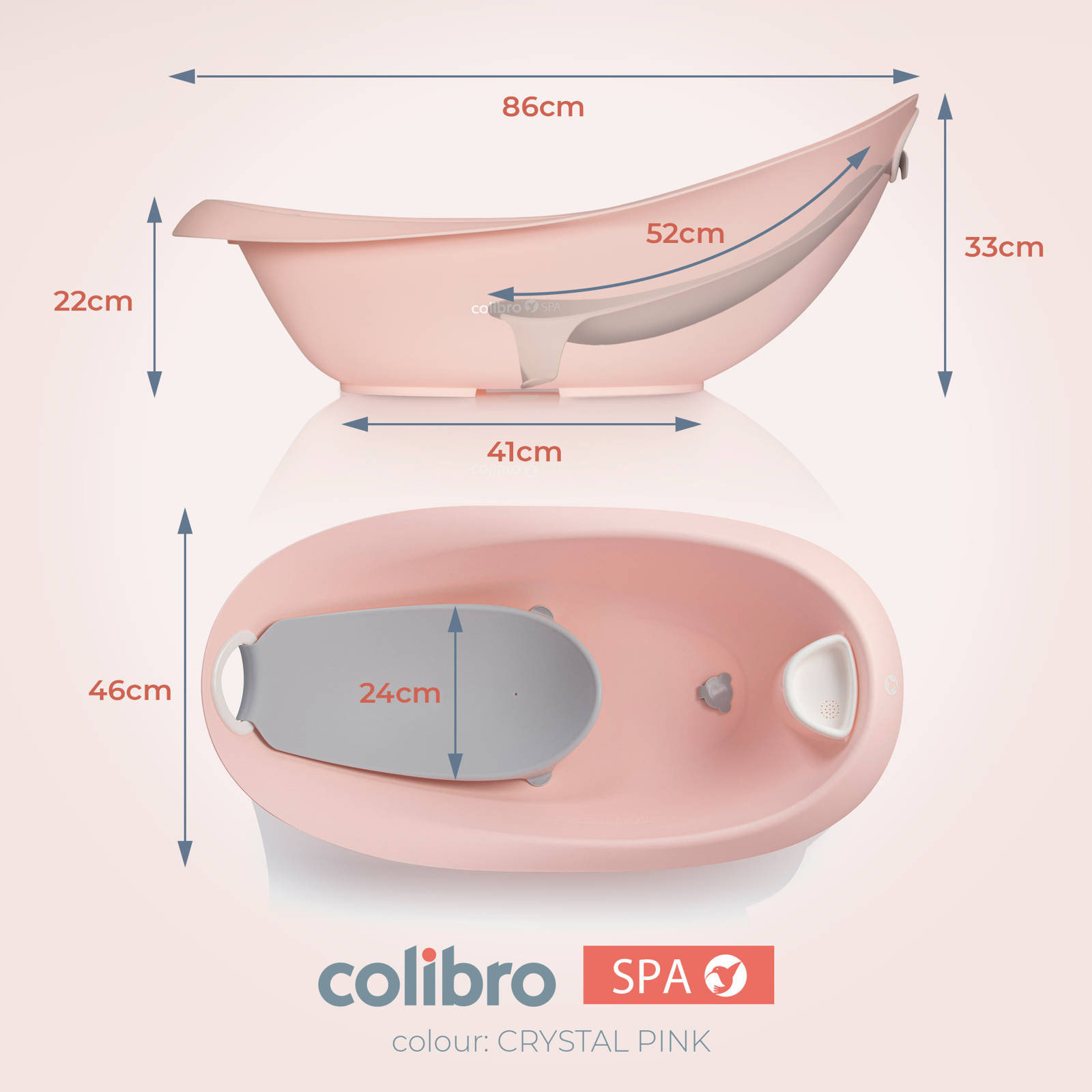 Grafika techniczna z wymiarami różowej wanienki Colibro Spa 2w1 Crystal Pink oraz szarego leżaczka.