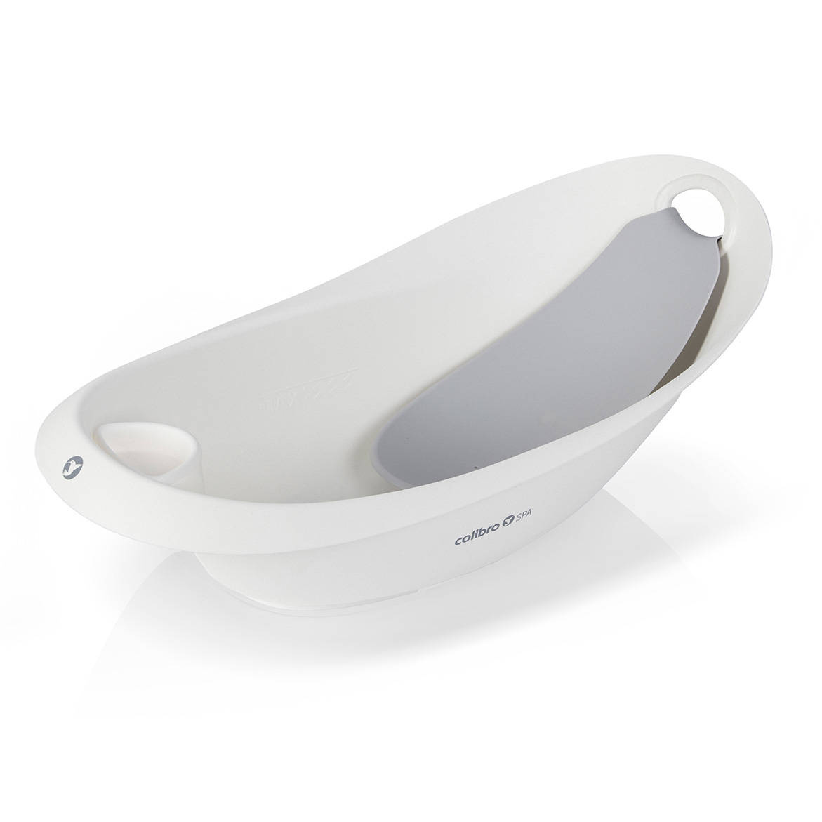 Biała wanienka Colibro Spa 2w1 z szarym leżaczkiem. Model w kolorze Dove o ergonomicznym kształcie.