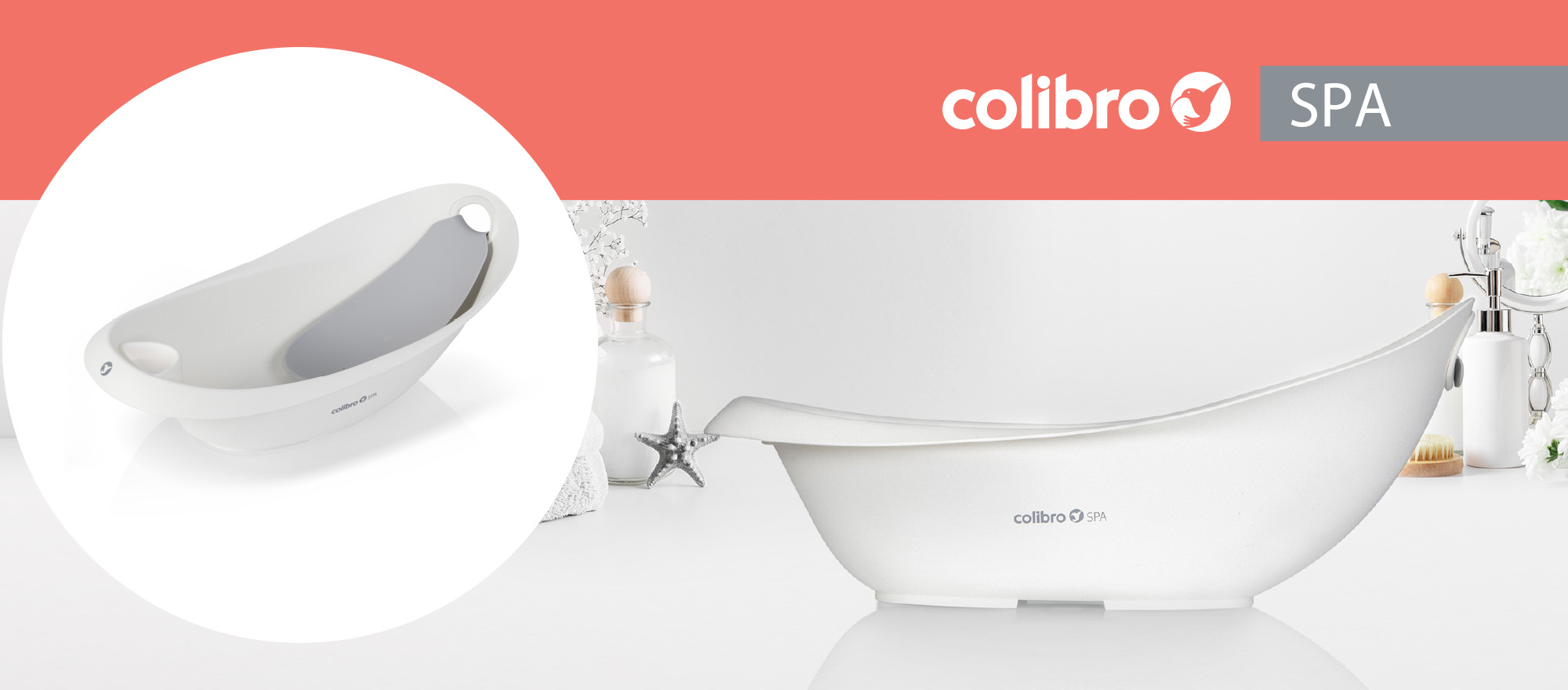 Biała wanienka Colibro Spa 2w1 z ergonomicznym leżaczkiem – prezentacja produktu.