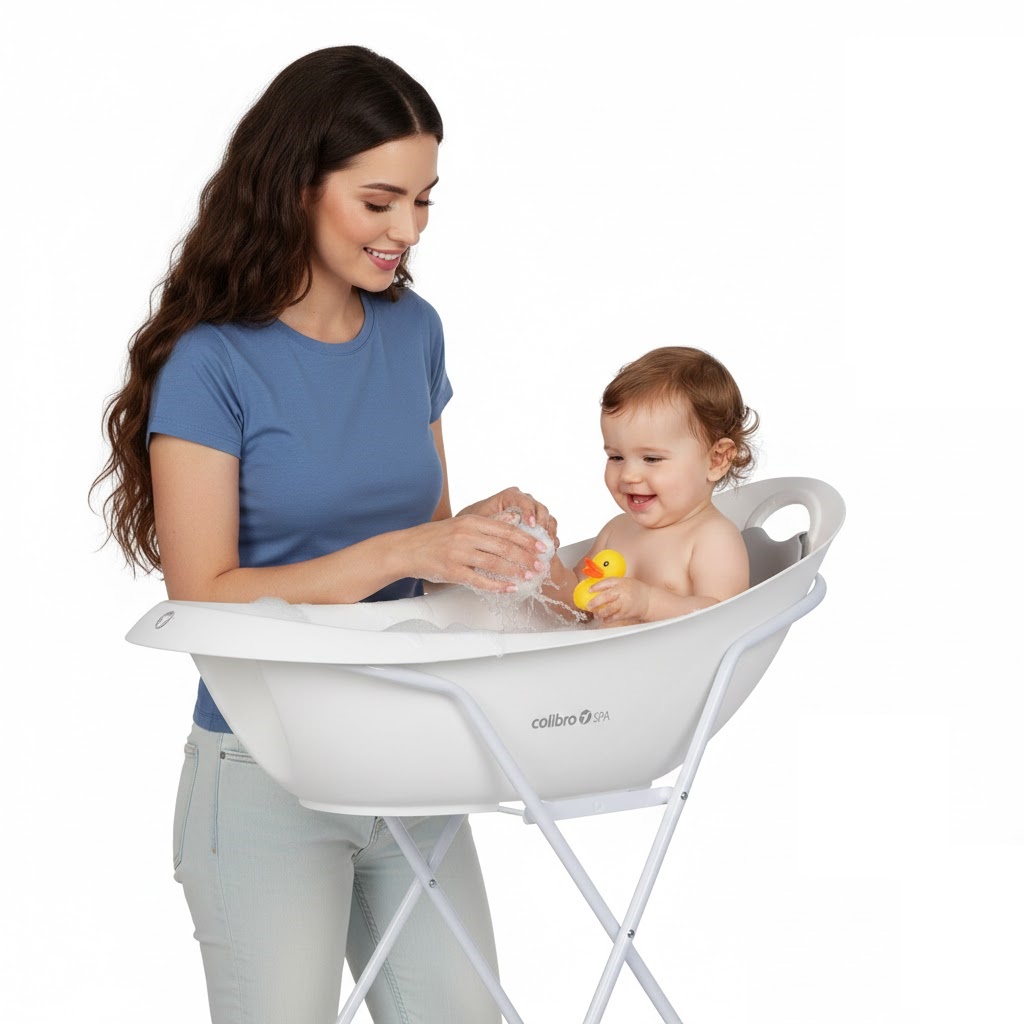 Biała wanienka niemowlęca Colibro Spa 2w1 na stelażu – kąpiel niemowlaka z gumową kaczką.