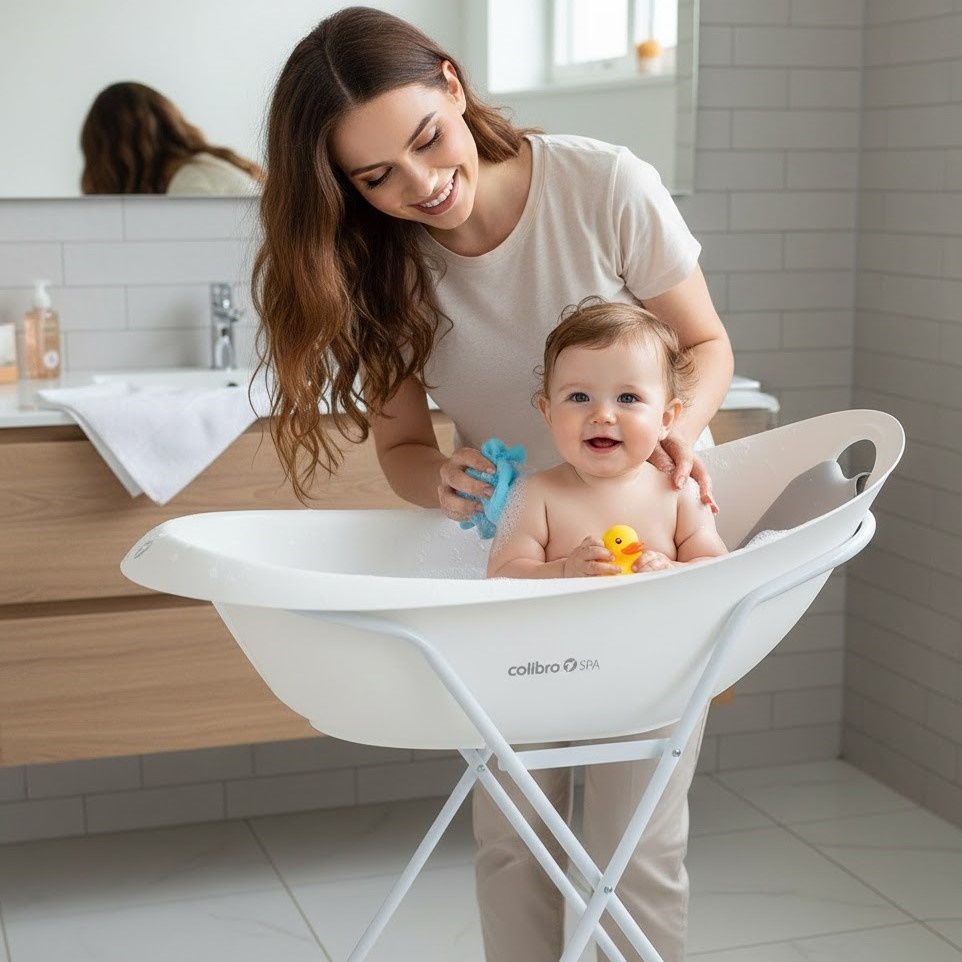 Biała wanienka Colibro Spa 2w1 na stelażu w łazience – komfortowa kąpiel niemowlaka z gumową kaczką.