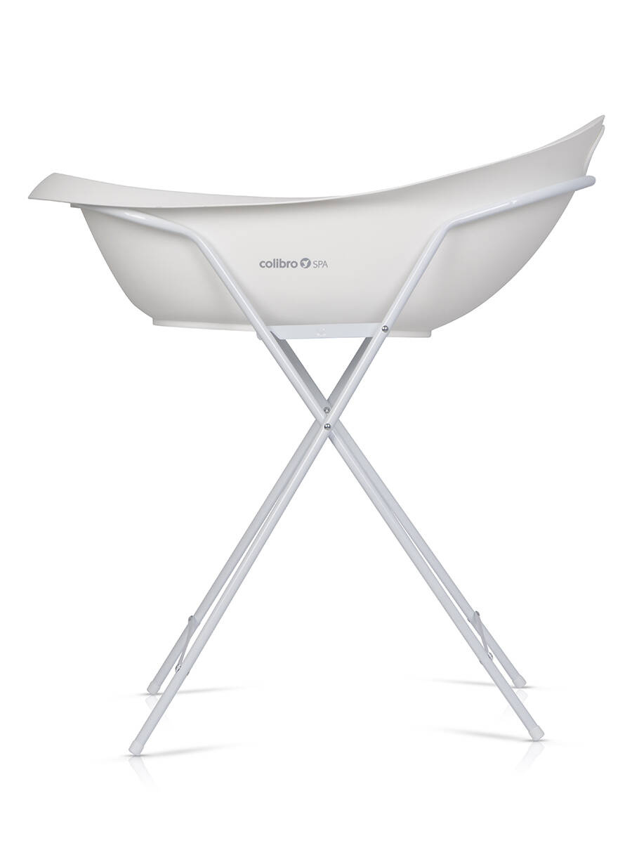 Biała wanienka Colibro Spa 2w1 na wysokim stelażu – zestaw do kąpieli niemowlaka Dove.