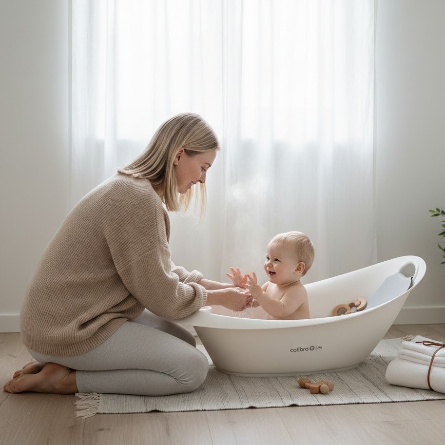 Mama z uśmiechniętym niemowlęciem kąpiącym się w białej wanience Colibro Spa w jasnym, skandynawskim wnętrzu.