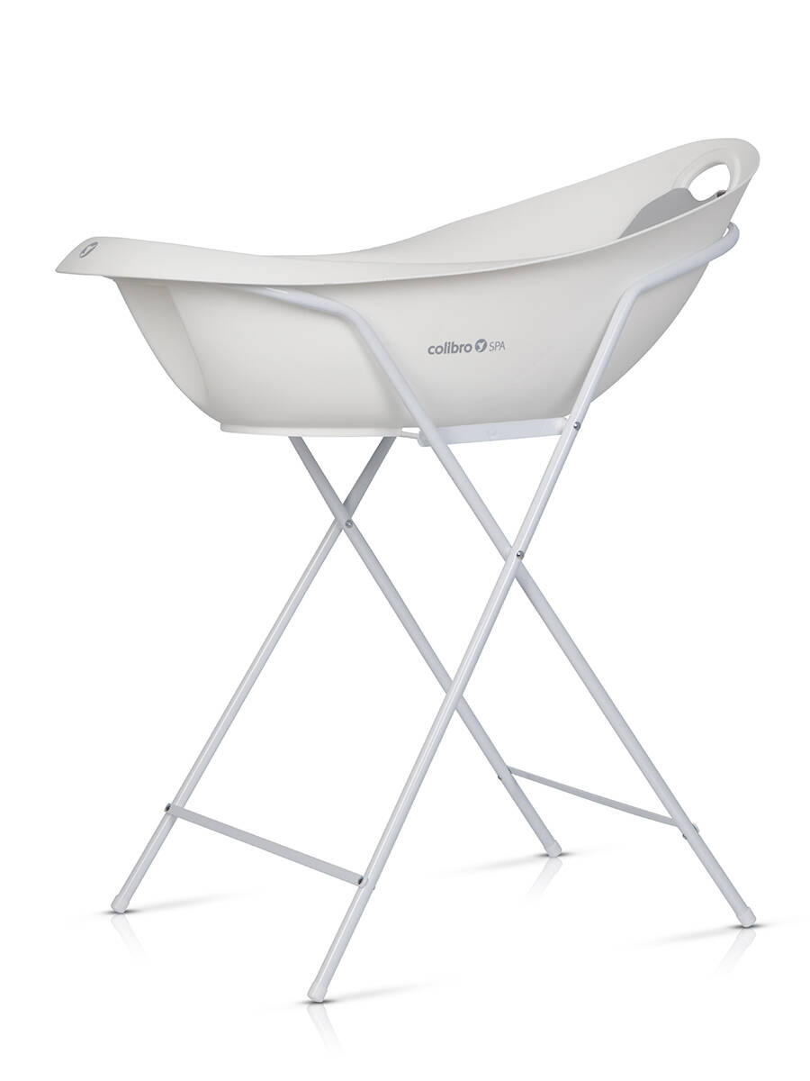 Kompletna biała wanienka Colibro Spa na stabilnym stojaku – profilowana wanienka dla niemowląt z odpływem.
