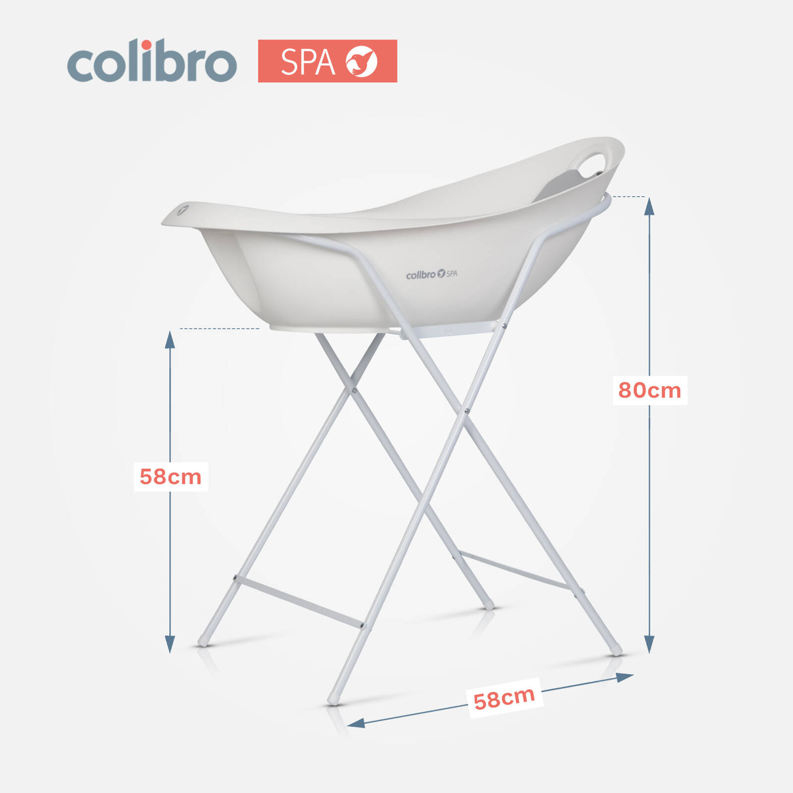 Wymiary stelaża pod wanienkę Colibro Spa – wysokość 80 cm, szerokość stojaka 58 cm.
