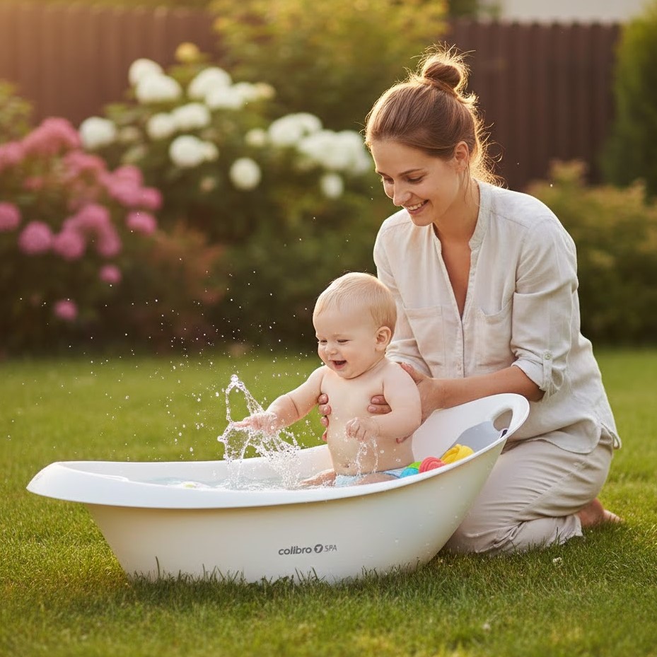 Mama kąpie niemowlę w białej wanience Colibro Spa na zewnątrz, na trawie.