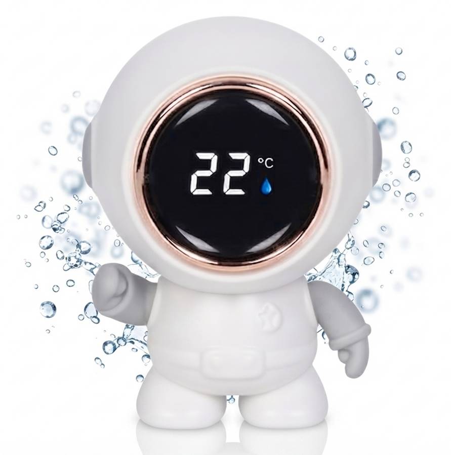 Elektroniczny termometr do kąpieli Colibro Astro w kształcie astronauty na tle rozbryzgów wody
