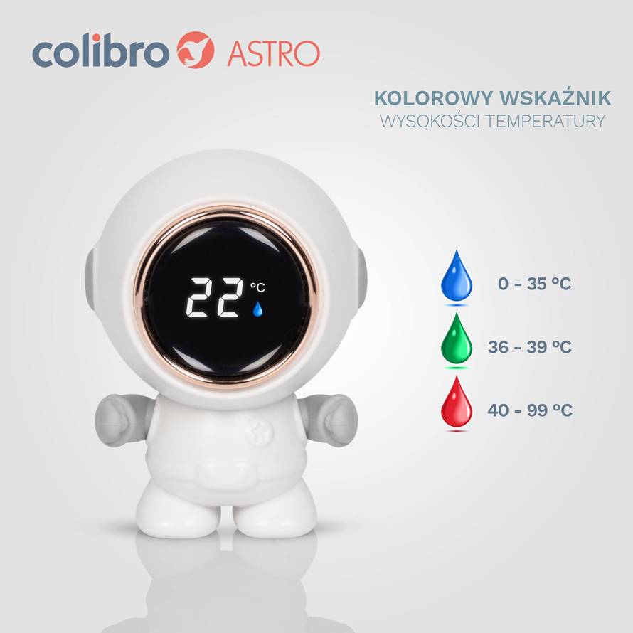 Termometr Colibro Astro z kolorowym wskaźnikiem temperatury wody w postaci niebieskiej, zielonej i czerwonej kropelki.
