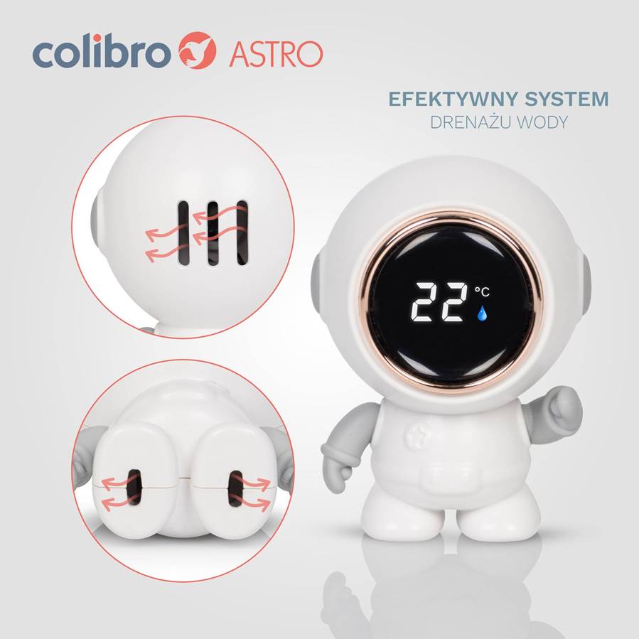 Zbliżenie na efektywny system drenażu wody i otwory w obudowie wodoodpornego termometru Colibro Astro.