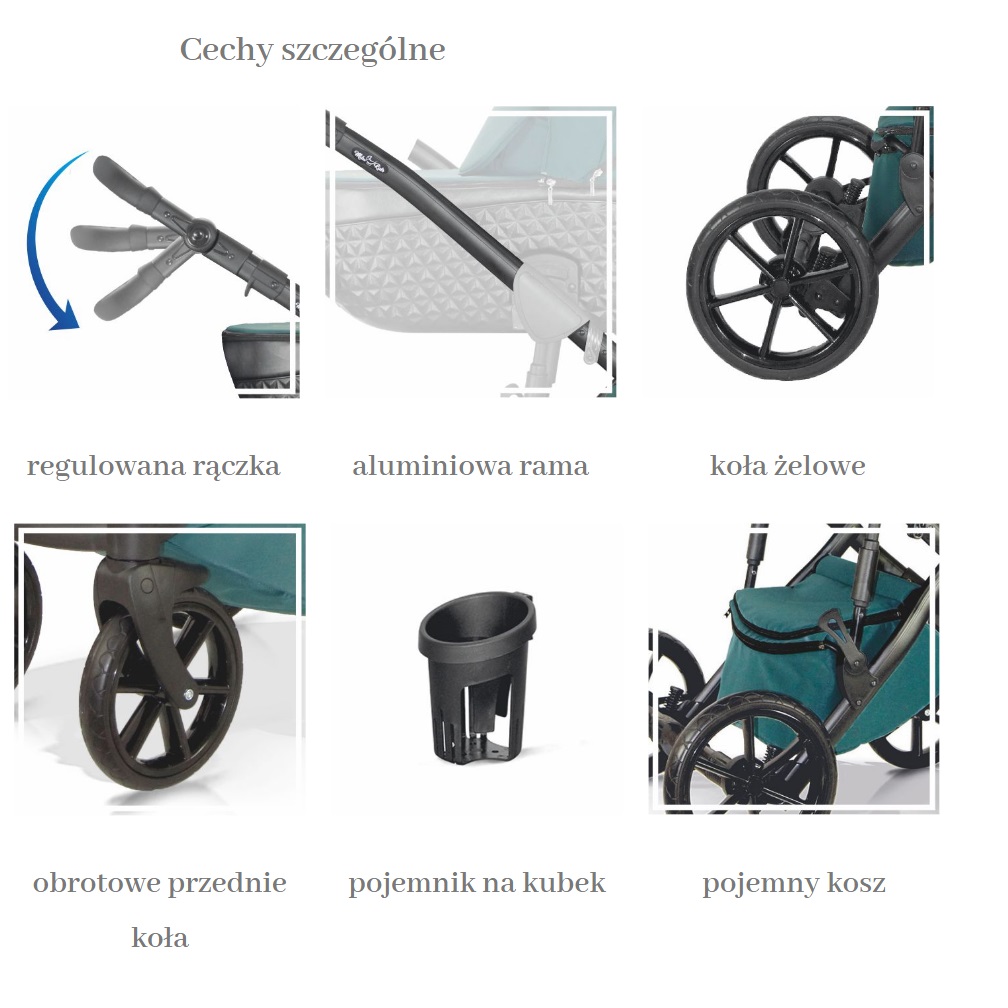 Cechy szczególne w wózku Milu Kids Djuna to regulowane oparcie, system amortyzacji, przestronna gondola, łatwy w składaniu stelaż, fotelik samochodowy, oraz funkcjonalne akcesoria, takie jak uchwyt na kubek i folia przeciwdeszczowa.