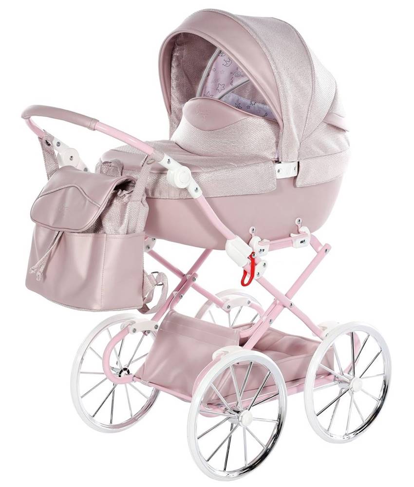 Pudrowo-różowy wózek dla lalek Junama Dolce z dużymi kołami w stylu retro – elegancki model przypominający prawdziwy wózek dziecięcy, dostępny w Dadi-Shop