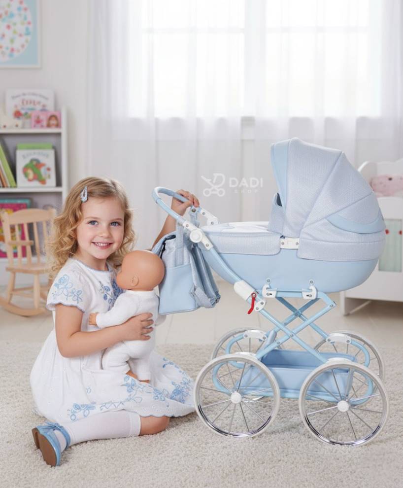Junama dolls pram blue – deep retro-style stroller for dolls, perfect gift for little girls. Dadi-shop