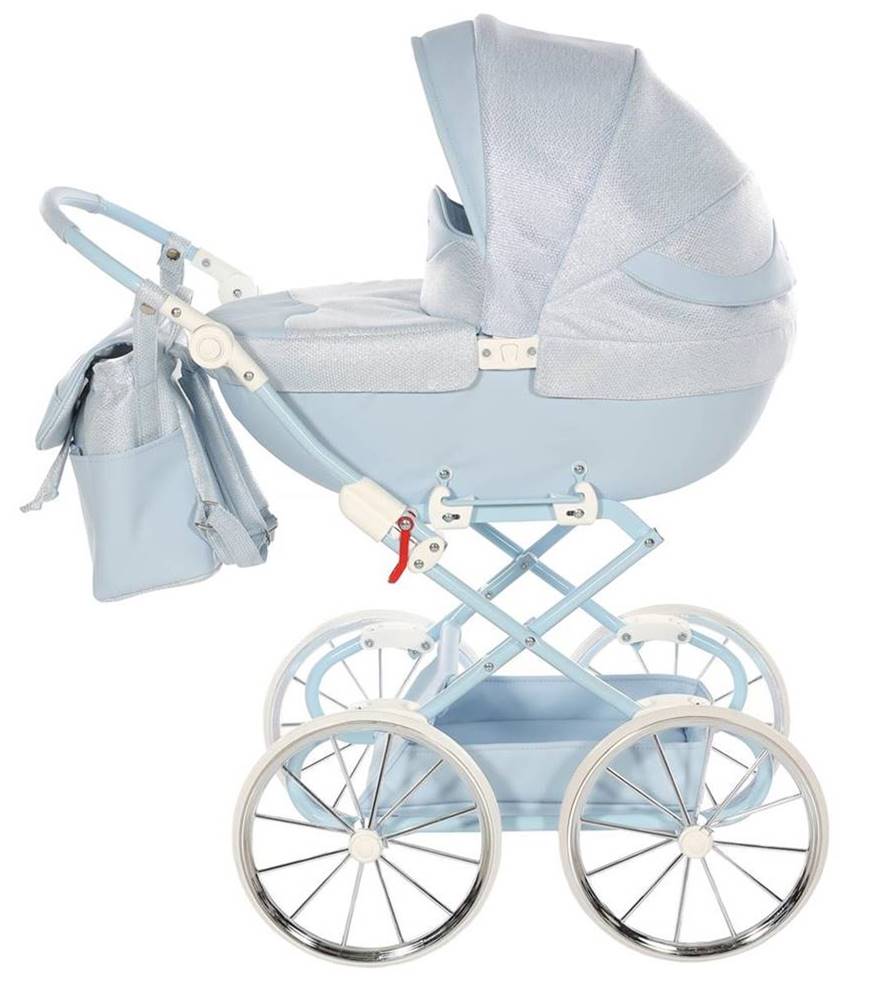 Blue and white Junama dolls pram with elegant retro details.