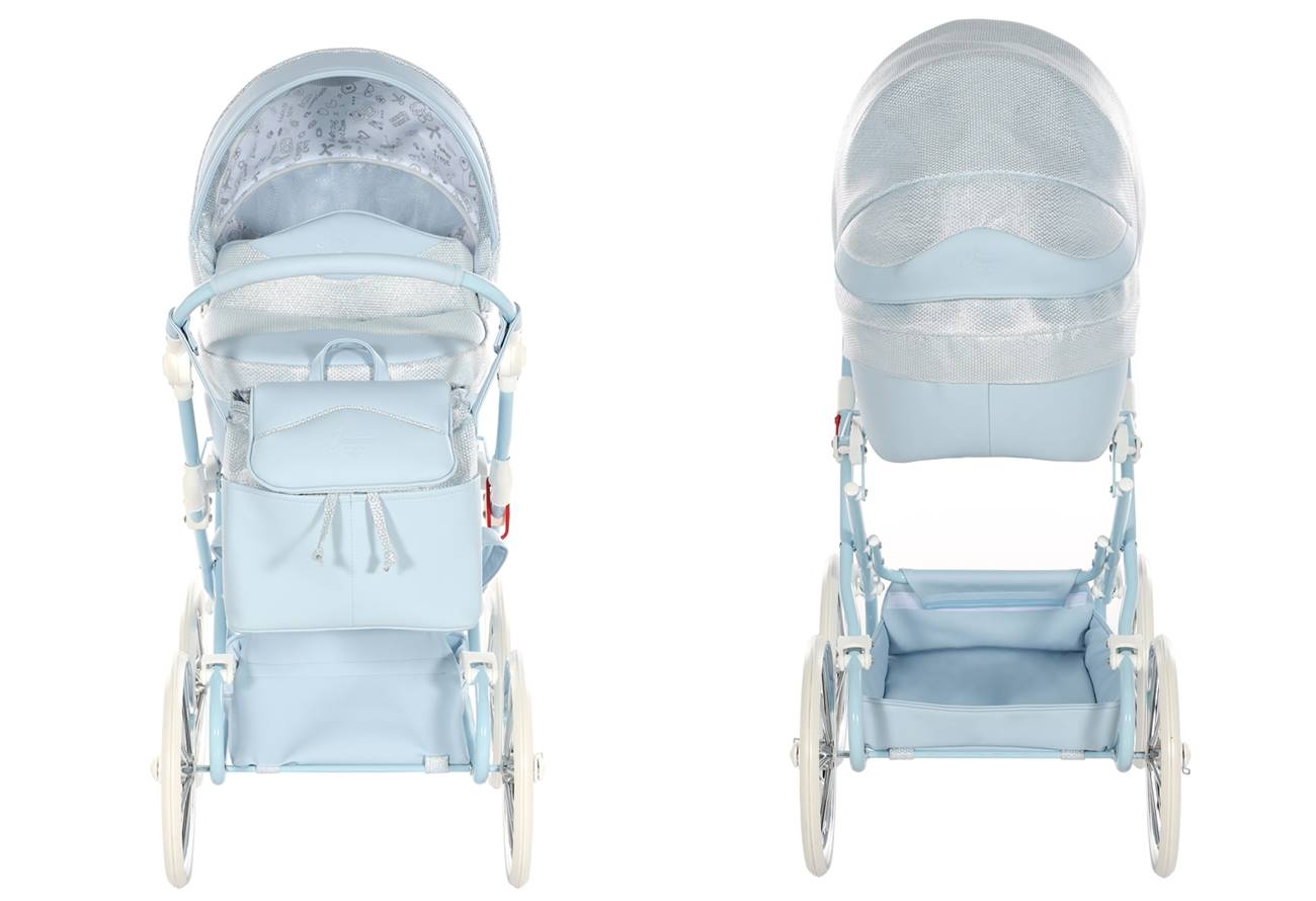 dDuży błękitny wózek dla lalek Junama Dolce Mini 02 – widok z przodu i tyłu, styl retro, Dadi Shop