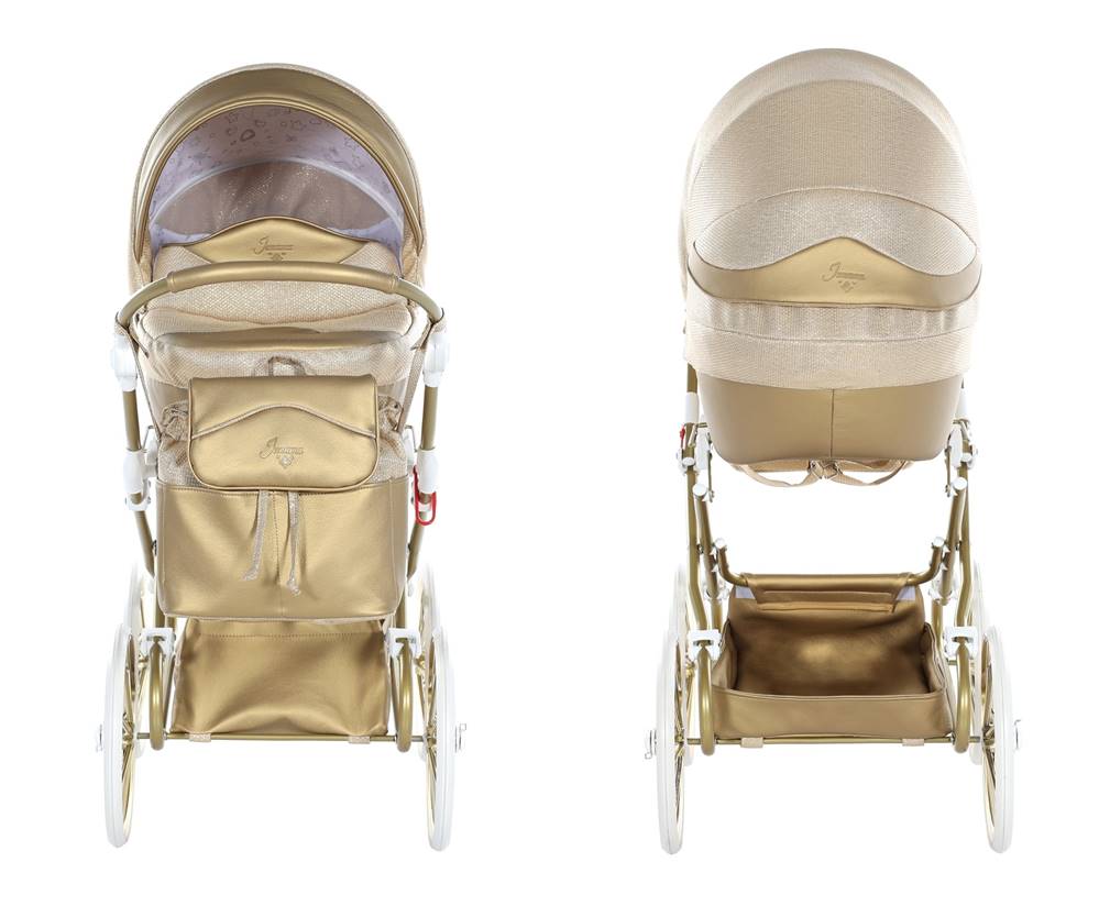 Wózek dla lalek Junama Dolce Mini w kolorze złotym, widok z przodu i tyłu – elegancki design z dopasowaną torbą, idealny dla małych miłośniczek zabawy w mamę.