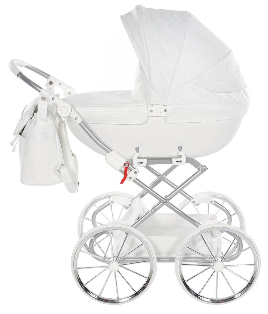 Junama Dolce Mini 06 biały  – wózek dla lalek z tapicerką z eco skóry, elegancki i łatwy w utrzymaniu czystości