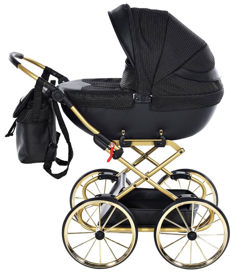 Czarno-złoty wózek dla lalek Junama Dolce Mini 10 – elegancki wózek z regulowaną rączką i stylowym designem retro.