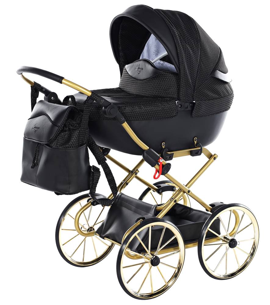 Czarno-złoty wózek dla lalek Junama Dolce Mini 10 – lekki i wygodny model do zabawy na świeżym powietrzu