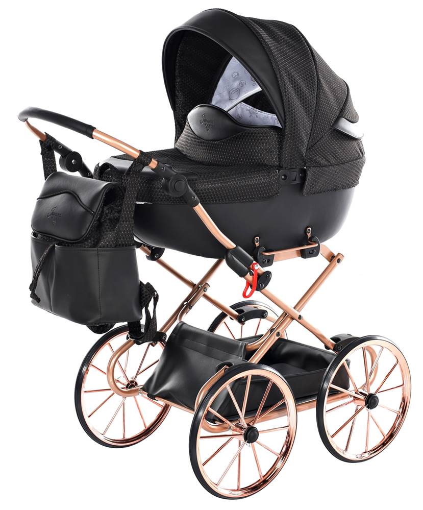 Duży polski wózek dla lalek Junama Dolce Mini 11 Black Rose Gold – elegancki model z eco skóry w stylu retro, widok z przodu
