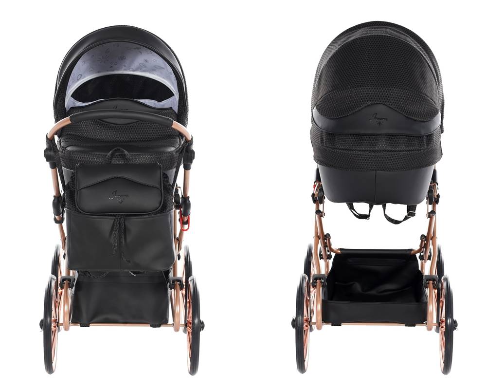 junama dolce mini 11 - wózek dla lalek czarno miedziany - widok przód tył wózka  - sklep dadi-shop