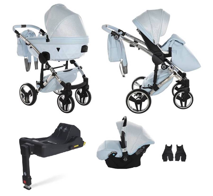 Zestaw wózka 4w1 Junama Dolce Blue – gondola, spacerówka i fotelik w złotym kolorze. i baza isofix